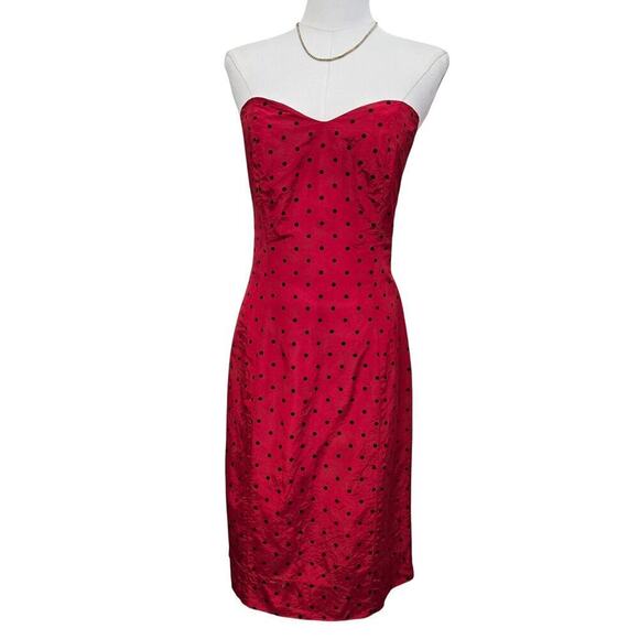 Vintage Strapless Red Polka Dot Midi Dress Sweetheart Neckline Valentines Day - Picture 1 of 10